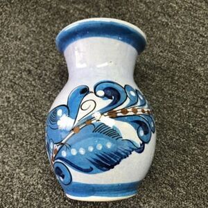 TONALA Mexican Pottery Vase Signed Blue Flower Bird Hand painted  6.5” vintage